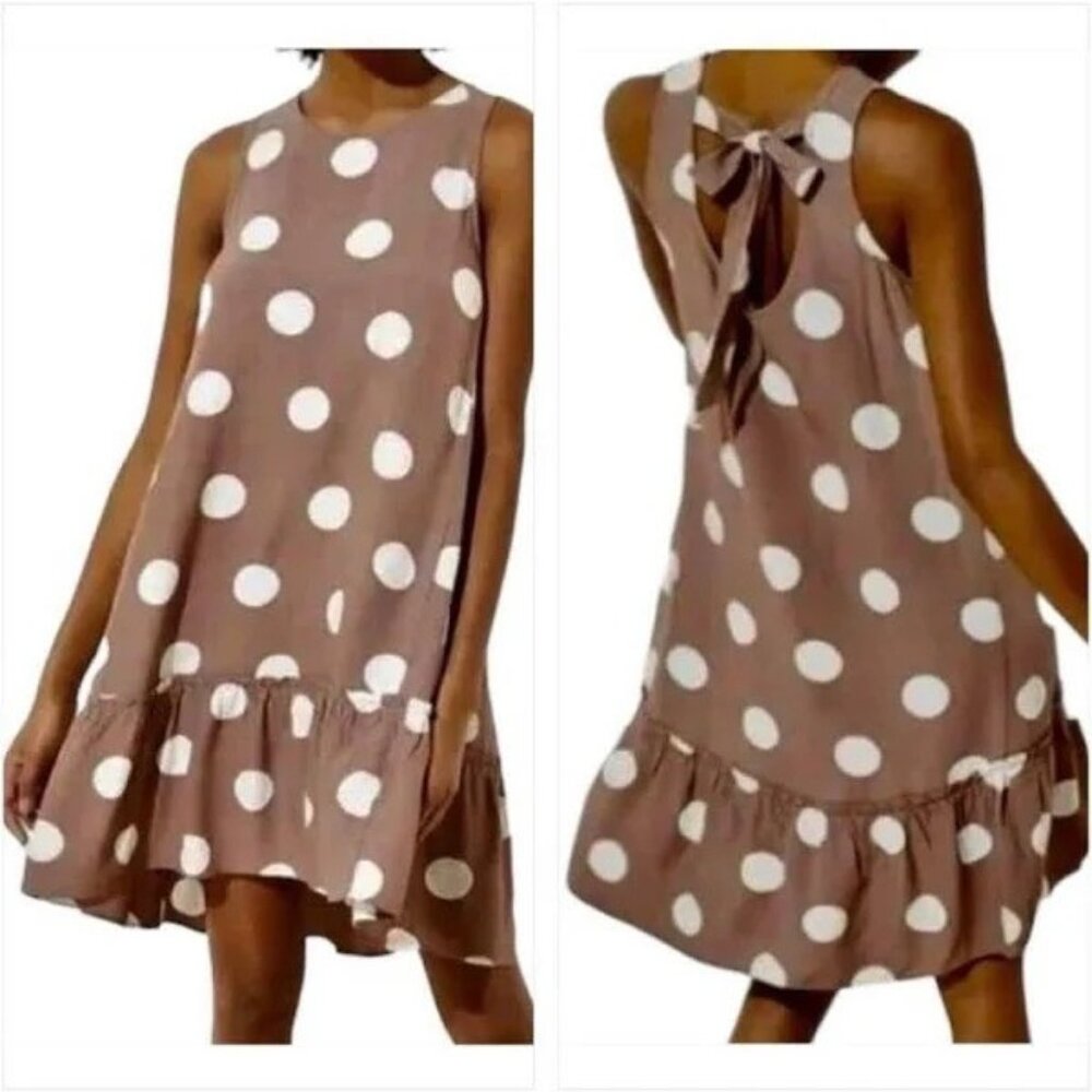 LOFT Brown and White Polka Dot Dress Medium Tall